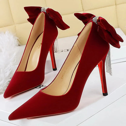 BIGTREE Shoes Rhinestone Chain Design Women Pumps Bowknot Suede High Heels Pointed Heels Stiletto 10 cm Luxury Banquet Shoes
