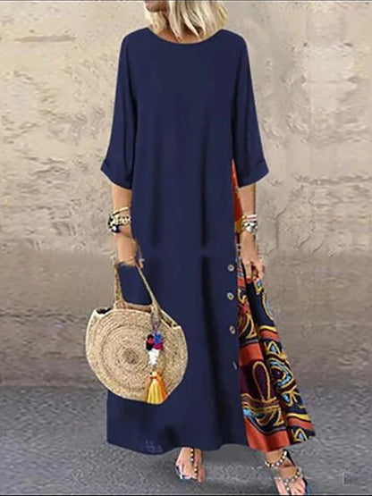 Women Vintage Harajuku Long Dress Bohemian Stitching Print 3/4 Sleeve O Neck Loose Oversized Maxi Dress Casual Elegant Robe