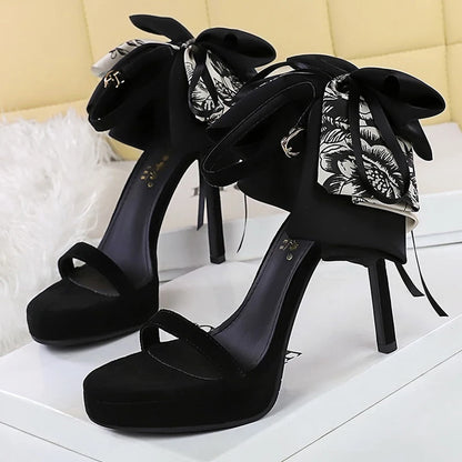 BIGTREE Shoes Suede Women Pumps Bowknot Design Ultra High Heels 11 cm Stiletto Open Toed Slim Heeled Sandals Women Summer Shoes