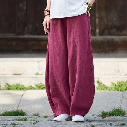2024 Cotton Linen Bloomers Wide Leg Pants Women Vintage Full Length Fashion Elegent Pants Solid Elasitic Waist Spring Autumn 5XL