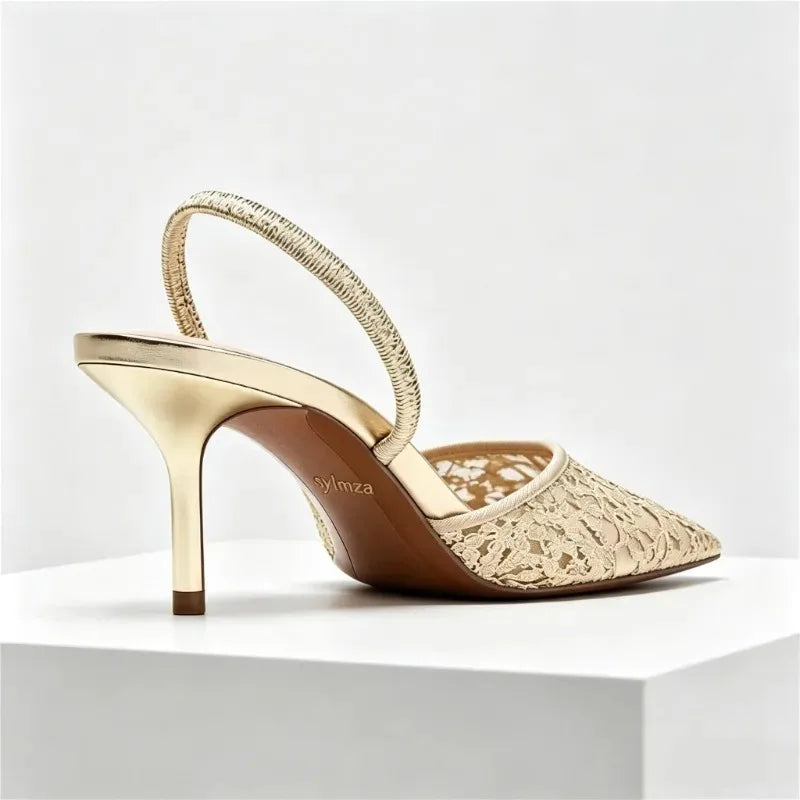 Gold Mesh Embroidered Floral Design Mules Sandals Women Sexy Pointed-Toe Back Strap High Heels for Ladies Elegant Party Shoes