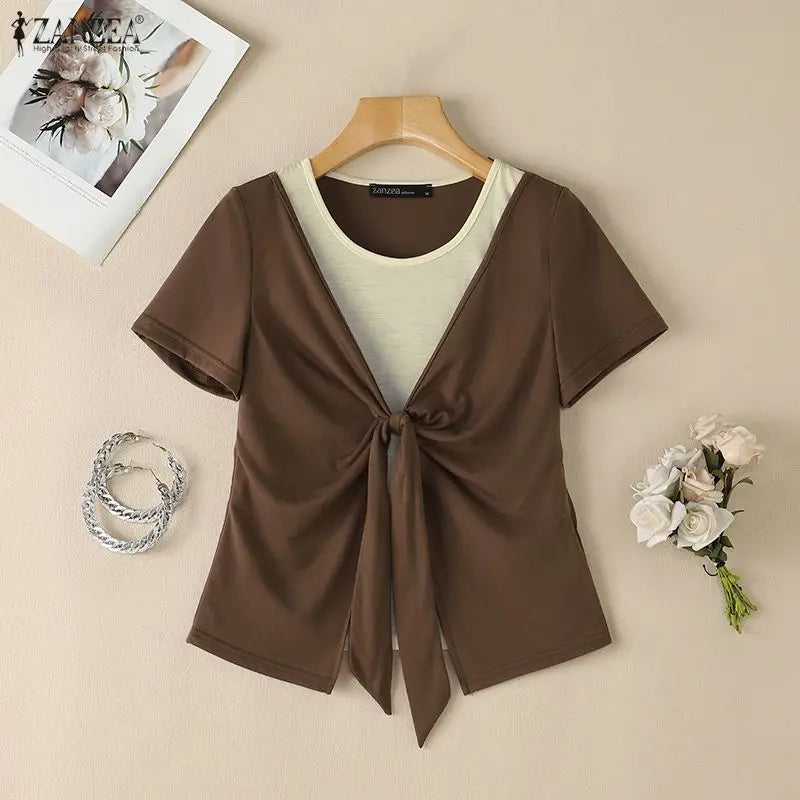ZANZEA Summer Women Blouse Short Sleeve Fashion Tops Casual O Neck Patchwork Tee Party OL Work Blusas Tunic S-3XL Streetwear