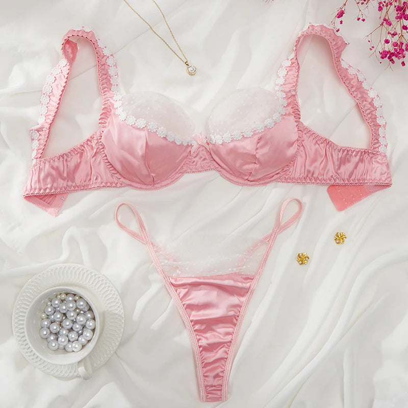 Sweet Pink Satin Lingerie Set Lace Floral Bra Luxury Underwear Bridal Intimate Lingerie Polka Dot Mesh Splicing Sexy Lingerie