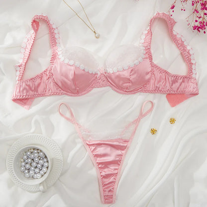 Sweet Pink Satin Lingerie Set Lace Floral Bra Luxury Underwear Bridal Intimate Lingerie Polka Dot Mesh Splicing Sexy Lingerie