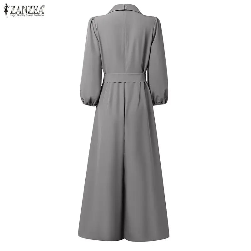 ZANZEA Women's Elegant Chic Jumpsuits Office Lady Lapel Neck Long Sleeve Tie-Waist Wide Leg Pant Overalls Solid Color Playsuits