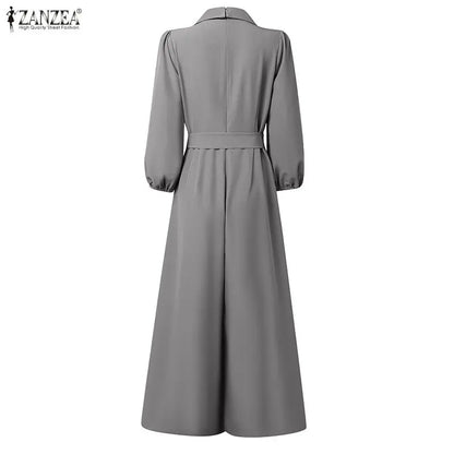 ZANZEA Women's Elegant Chic Jumpsuits Office Lady Lapel Neck Long Sleeve Tie-Waist Wide Leg Pant Overalls Solid Color Playsuits