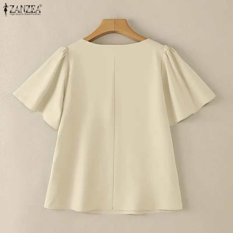 ZANZEA Women's Elegant Blouses Pearls Detailed O-Neck Short Sleeve Pullover Tops Summer Office Work Solid Color Blusas de Mujer