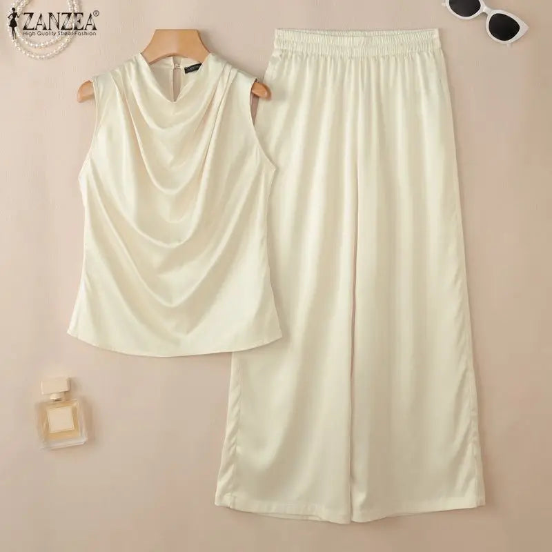 ZANZEA Summer Office Outfits Women Elegant Swing Neck Sleeveless Tanks Tops Pant Sets Fashion OL Work Satin Tracksuit 2 Pieces