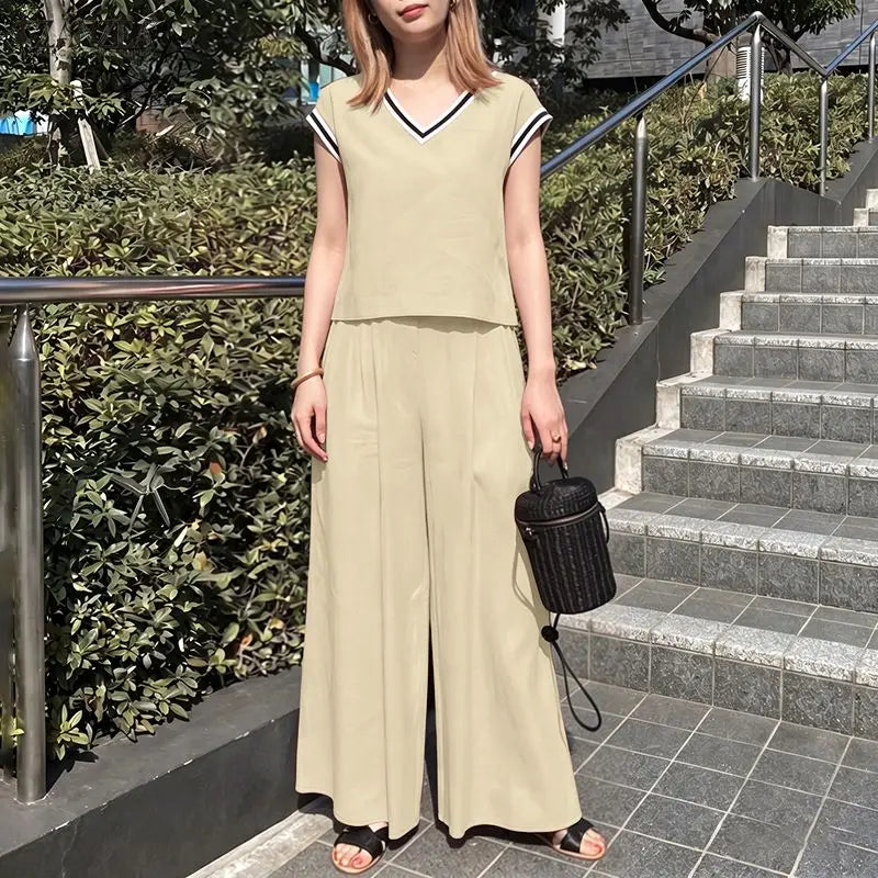 ZANZEA Women Fashion Pant Sets Summer Contrast-Trim Cap Sleeve Short Top & Wide Leg Pant 2 Pieces Sets Casual Pant Suits Outfits