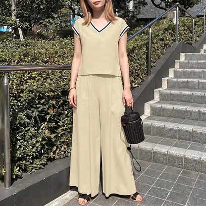 ZANZEA Women Fashion Pant Sets Summer Contrast-Trim Cap Sleeve Short Top & Wide Leg Pant 2 Pieces Sets Casual Pant Suits Outfits
