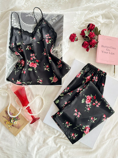 Women 2 Piece Set Elegant And Romantic Printed V Neck Lace Top And Pants Comfortable And Breathable Women's Clothing