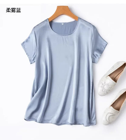 ZVAQS 100% Mulberry Silk T Shirts Woman Elegant Satin T Shirt 27 Colors High Quality Silk Summer Tops 2025 Women Clothing Топ