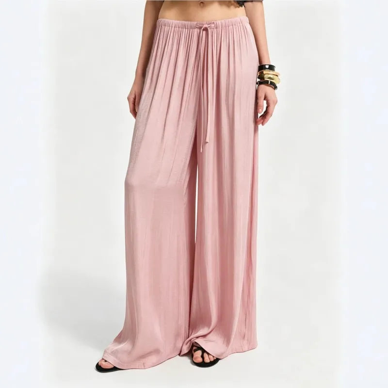 New Women High Waist Wide Leg Pants Spring Summer Draped Casual Trousers Drawstring Elastic Waist Loose Straight Leg Beach Pant