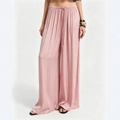 New Women High Waist Wide Leg Pants Spring Summer Draped Casual Trousers Drawstring Elastic Waist Loose Straight Leg Beach Pant