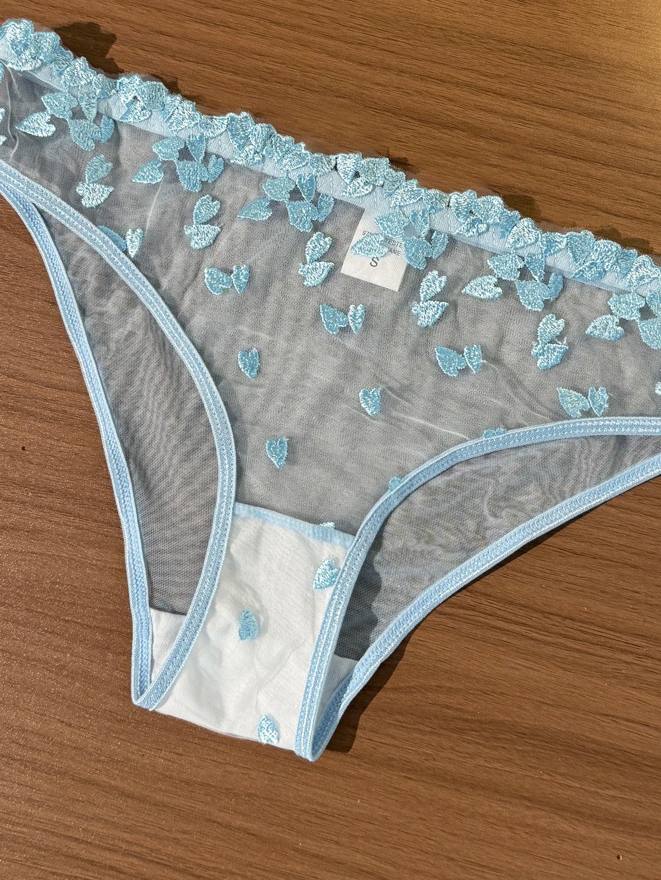French Romantic Dreamy Light Blue Heart Embroidery Lace Underwear Set with Transparent Mesh Butterfly Knot Shoulder Strap Design