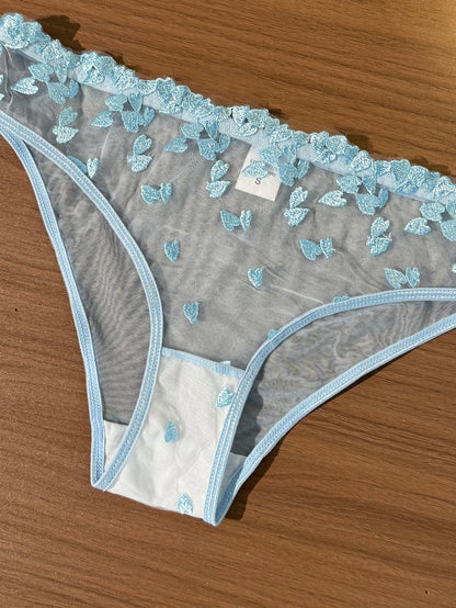 French Romantic Dreamy Light Blue Heart Embroidery Lace Underwear Set with Transparent Mesh Butterfly Knot Shoulder Strap Design