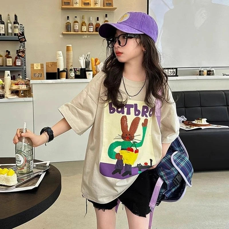 Girls Summer T-Shirt Short Sleeve 100% Cotton Kids Casual Tee 2026 New Stylish Cool Design for Big Girls Hot Weather Wear