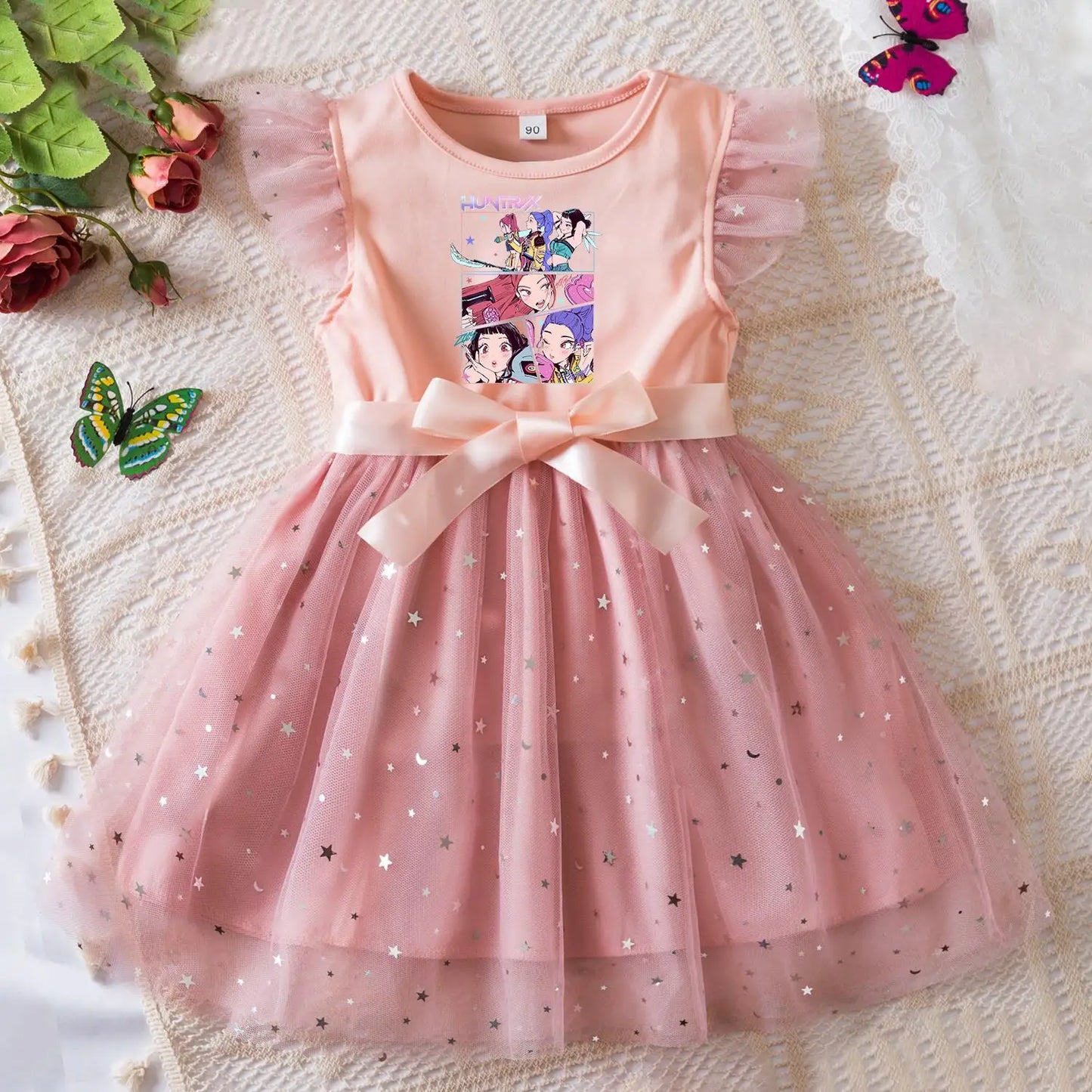 K-Pop Hunters Zoey Rumi Girls Sequin Tutu Dress with Bow Flutter Sleeves Summer Princess Party Outfit for Toddler Kids 2-6Y