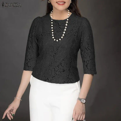 ZANZEA Woman Elegant Lace Layering Blouse O-Neck 3/4 Sleeve Princess Seams Slim-Fit Short Tops Summer Patchwork Blusas de Mujer