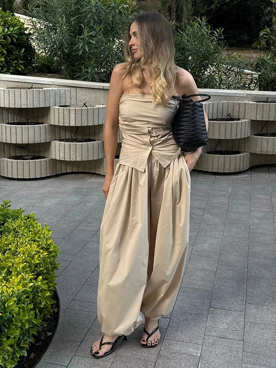2026 Autumn Womens 100% Cotton Loose Lantern Style Wide Leg Pants Street Style Casual Lazy Pants Fashion Trousers Black
