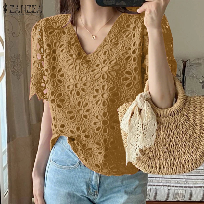 ZANZEA Summer Embroidered Eyelet Blouses for Woman Casual V-Neck Short Sleeve Hollow Out Lace Solid Blusas Mujer Daily Vacation
