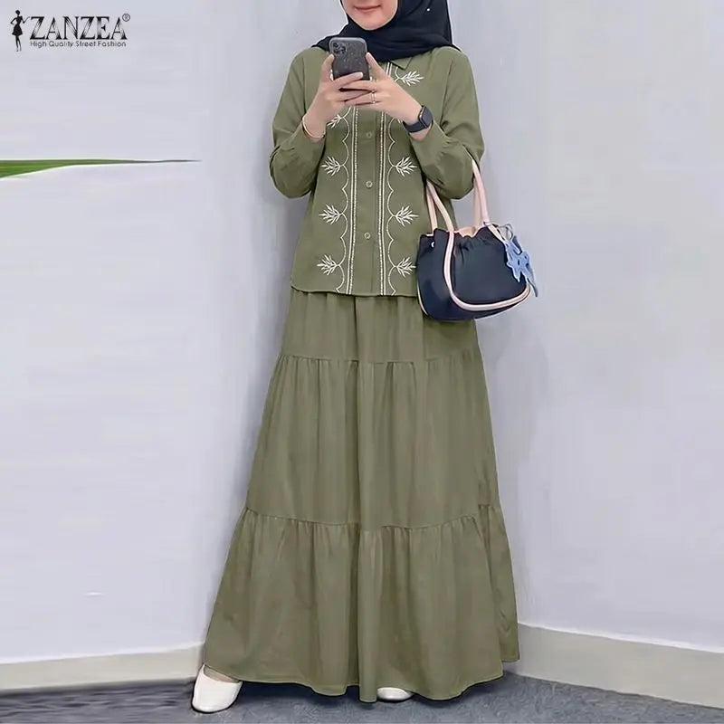 ZANZEA Women Muslim Two Piece Set Vintage Floral Embroidered Long Sleeve Button Blouse Tiered Maxi Skirt Modest Islamic Clothing