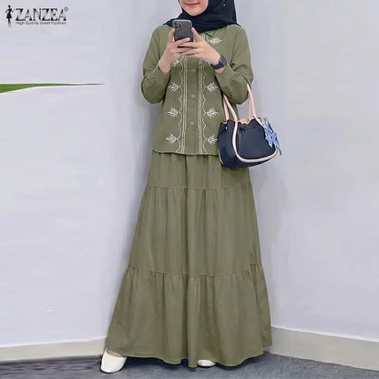 ZANZEA Women Muslim Two Piece Set Vintage Floral Embroidered Long Sleeve Button Blouse Tiered Maxi Skirt Modest Islamic Clothing