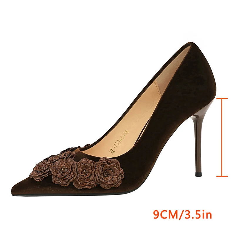 BIGTREE Shoes Flower Design Women Pumps Retro High Heels Suede Women Shoes Stiletto Heels 9 cm Chinese Style Pumps Ladies Shoes