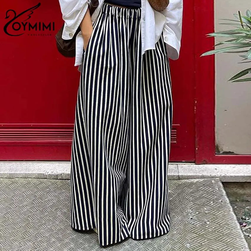Oymimi Fashion Black Striped Print Women's Pants Elegant High Waist Loose Trousers Casual Straight Full Length Pants Streetwear