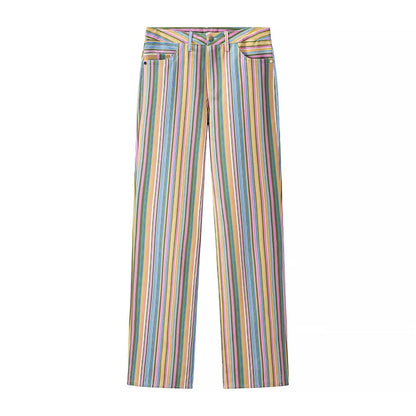 ZBZA Women's Commuter Style Color Block Stripe Jeans Casual Straight Leg Pants Fashionable Personality Unique Design Polyeste...