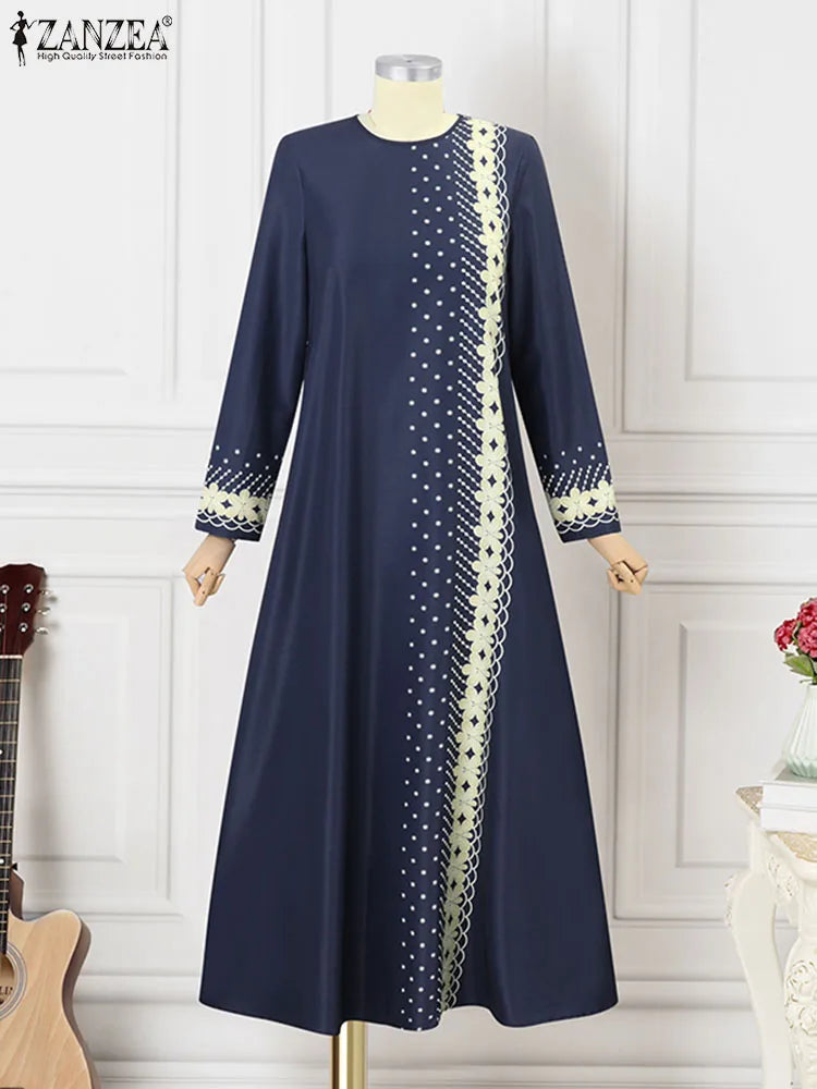 ZANZEA Muslim Fashion Dresses IsIamic Long Robe Abaya Vintage Floral Printed Vestidos Long Sleeve Maxi Sundress Abayas For Women