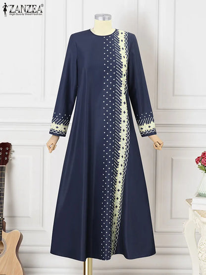 ZANZEA Muslim Fashion Dresses IsIamic Long Robe Abaya Vintage Floral Printed Vestidos Long Sleeve Maxi Sundress Abayas For Women
