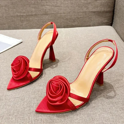 Summer Fashion Silk Rose Flowers Back Strap Heeled Sandals Women Pointed Open Toe Red High Heels Wedding Prom Shoe Zapatos Mujer