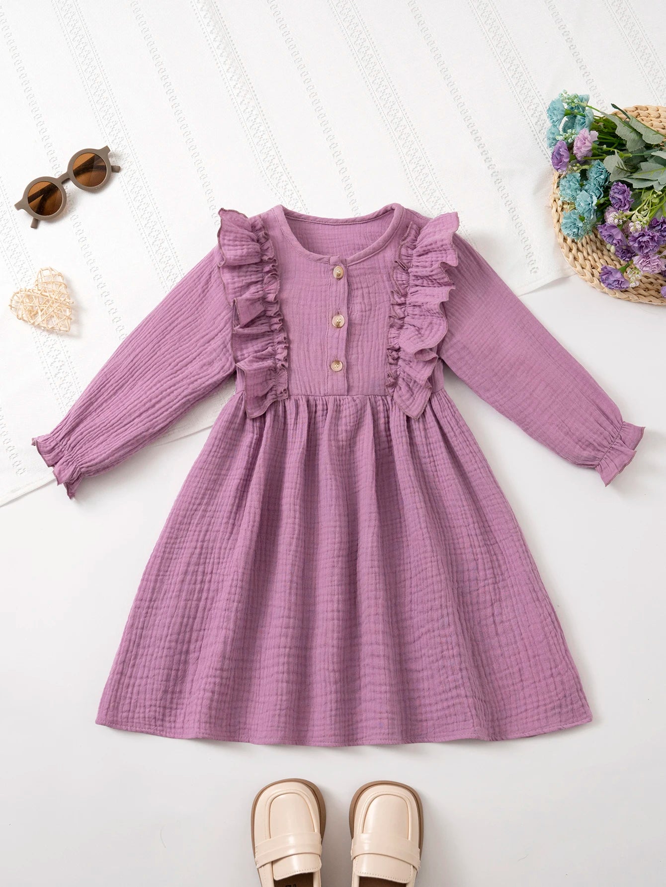 Girls' Long-Sleeve Dress Kids Cotton Skin-Friendly Breathable, Ruffled Shoulder & 3D Button Design, Soft For Party and Gift 3-8Y