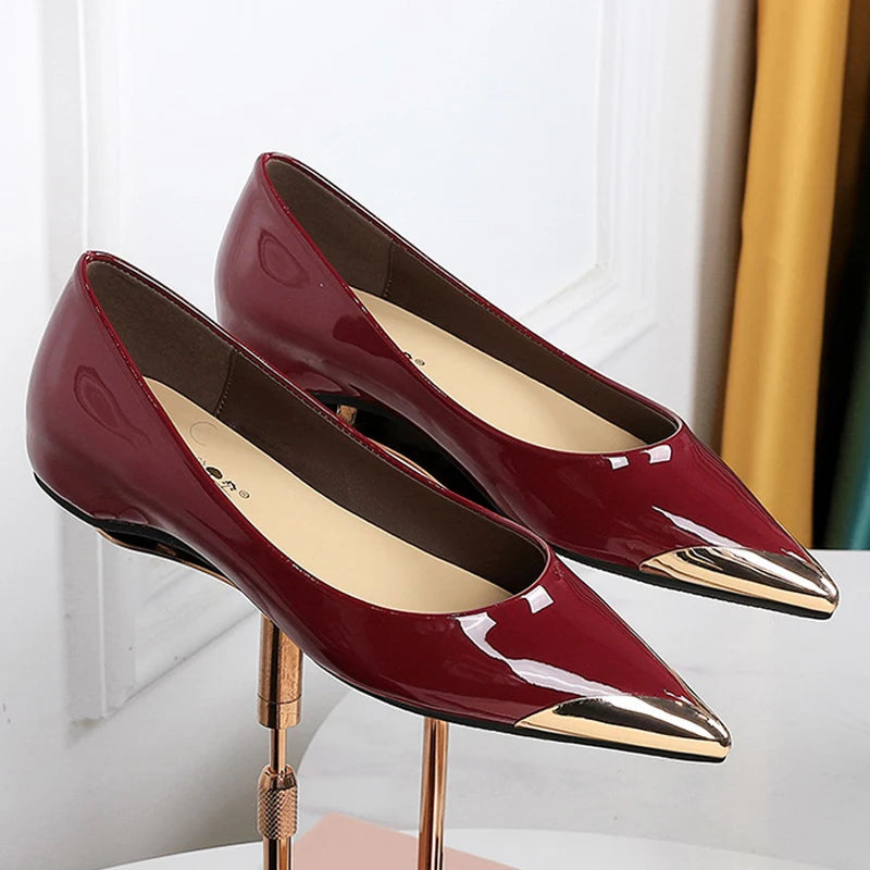 BIGTREE Shoes Low Heeled Women's Shoes Patent Leather Wedge Heels Women Pumps Metal Pointed Tip Luxury Banquet Shoes Fashion