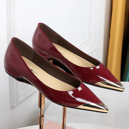 BIGTREE Shoes Low Heeled Women's Shoes Patent Leather Wedge Heels Women Pumps Metal Pointed Tip Luxury Banquet Shoes Fashion