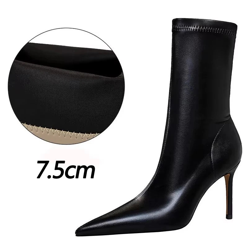BIGTREE Shoes 2026 New Women Mid-Calf Boots Pointed Toe High-heel Boots Stiletto Heels Leather Boots Fashion Autumn Winter Boots