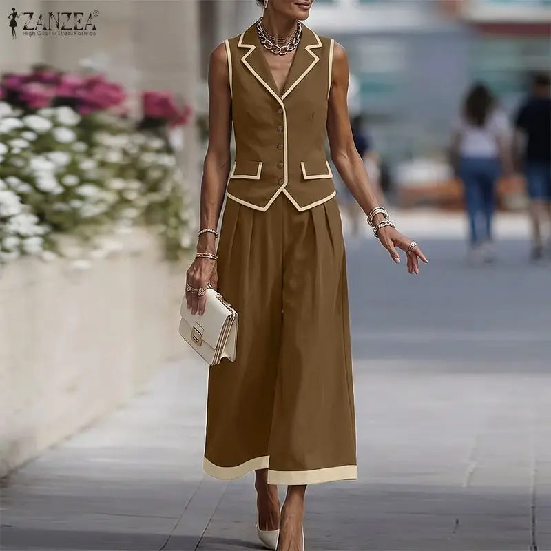 ZANZEA Women Stylish Pant Sets Contrast-Color Lapel Collar Vest Tops & Wide Leg Cropped Pants 2 Piece Suits Elegant Work Outfits