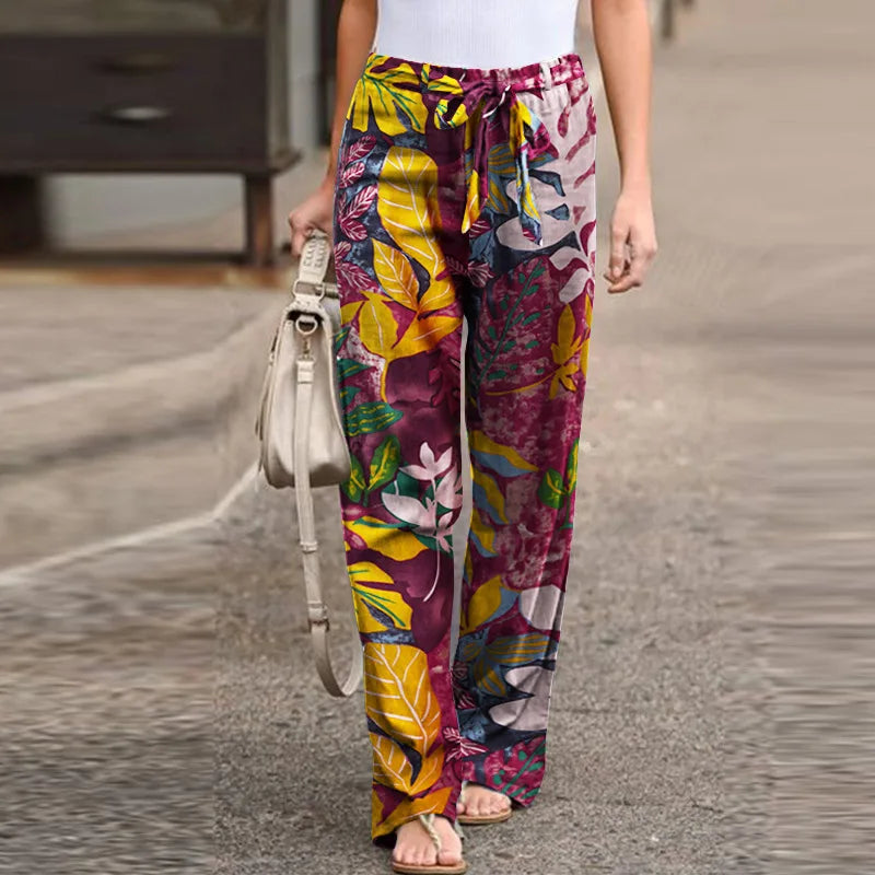 Casual Flower Print Cotton Linen Straight Leg Pants Women Fashion Lace Up Elastic Waist Home Trousers Female Plus Size Pants