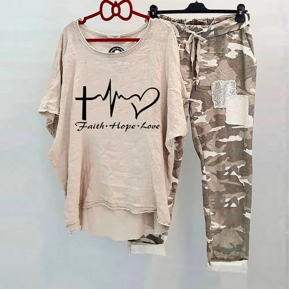 Women's Cotton Blend Suit Women's Summer Casual Printed Sportswear Set Lightweight Cotton Blend Outfit for Fashionable