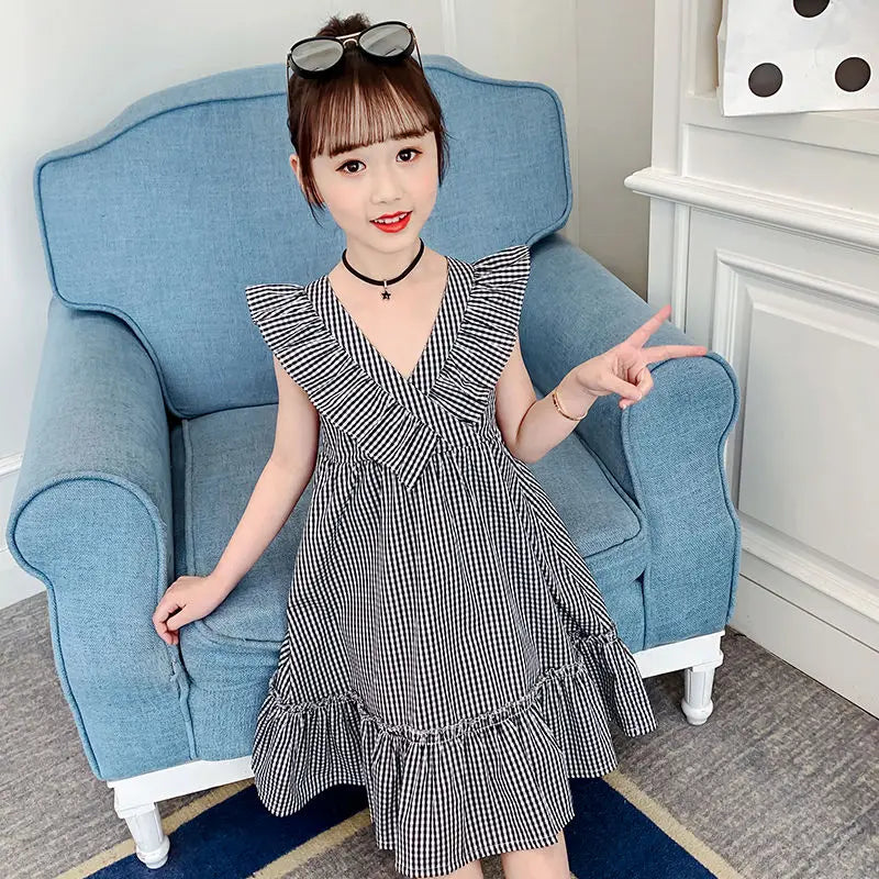 Preppy Cotton Dress 2025 Children's Clothing Elegant Dresses Girl Sets Birthday Summer Clothes Elementary Student Beach Girls
