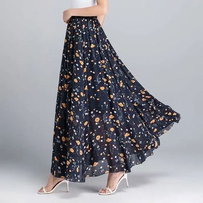 Womens Summer Autumn High Waist Skirts Elastic Waist Midi Full Long Skirt Print A-Line Mother Dance Swing Chiffon Skirt DURIKIES