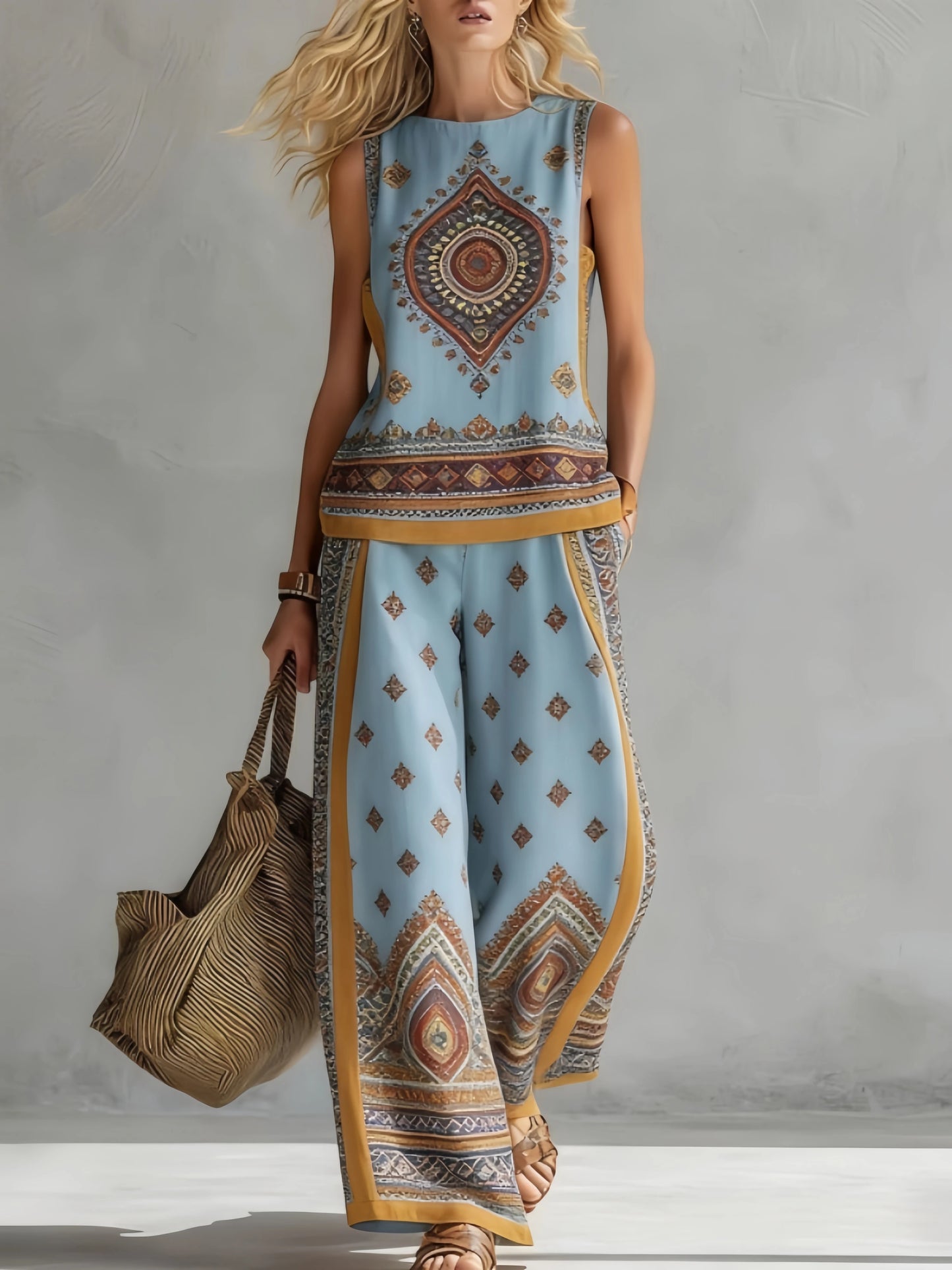 Fashion Retro Printed Sleeveless Tops Trousers 2-piece Set Women's Summer Casual Vest Loose Wide Leg Trousers Female Suit Pocket
