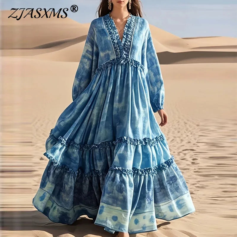 Women Tie Dye Maxi Dress Deep V Neck Ruffle Trim Lantern Long Sleeve Tiered Ruffle Swing Flowy Boho Beach Holiday A-Line Dresses