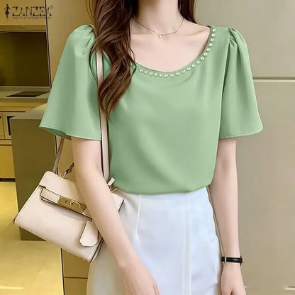 ZANZEA Women's Elegant Blouses Pearls Detailed O-Neck Short Sleeve Pullover Tops Summer Office Work Solid Color Blusas de Mujer