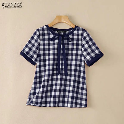 ZANZEA Women Summer Blouses Short Sleeve Blusas Elegant Office Work Tee Casual Plaid Tops O Neck Streetwear Oversize Tunic