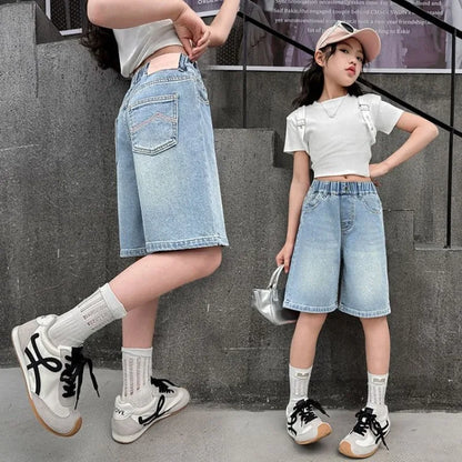 Lightweight Girls' Denim Crop Shorts 2026 Summer Loose Design with Lace Trim Kids' Cotton Blend Shorts