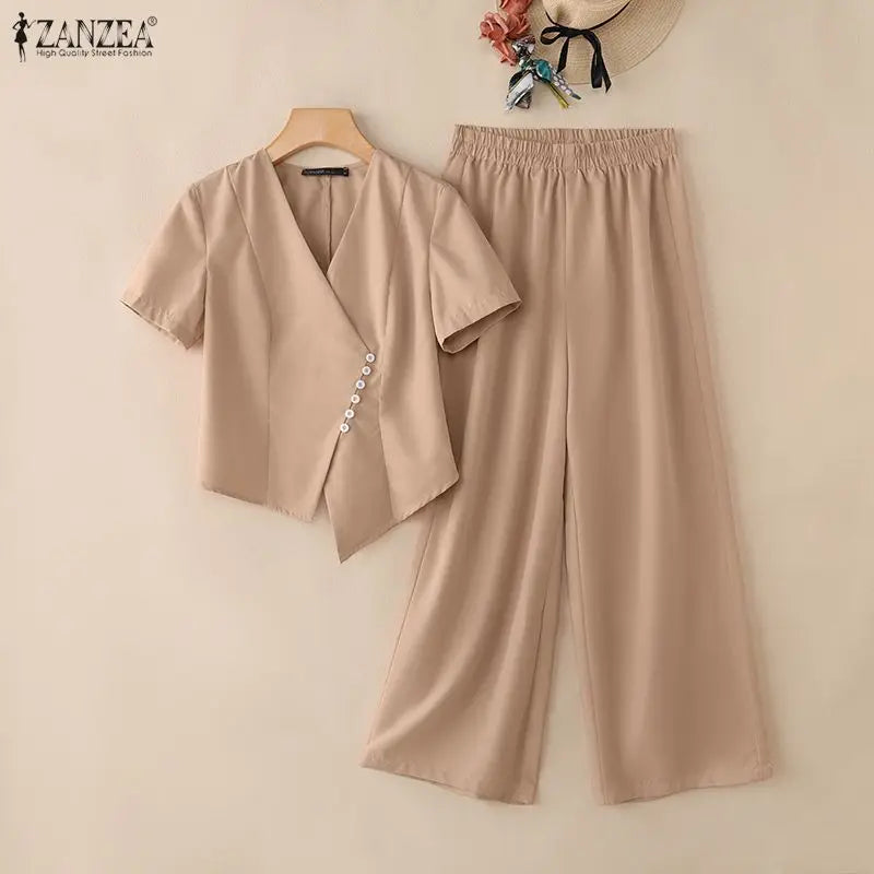 2026 Summer Pant Sets ZANZEA Fashion Women 2 Pieces Sets Short Sleeve Blouse Wide Leg Trousers Solid OL Work Outfits Tracksuit
