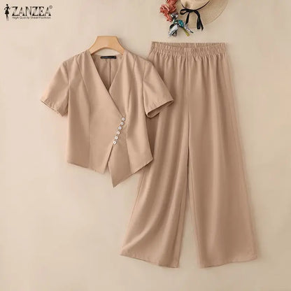 2026 Summer Pant Sets ZANZEA Fashion Women 2 Pieces Sets Short Sleeve Blouse Wide Leg Trousers Solid OL Work Outfits Tracksuit