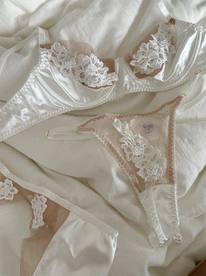 Embroidered flowers lingerie three-piece underwear thin bras breathable top push up women large size bra set